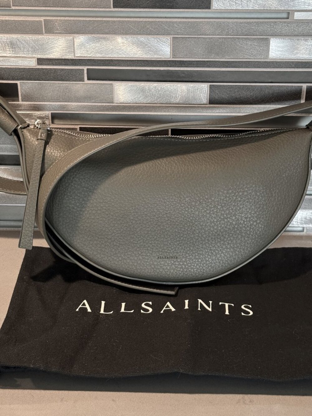AllSaints Half Moon Leather Crossbody Bag – Gray Green Silver Hardware